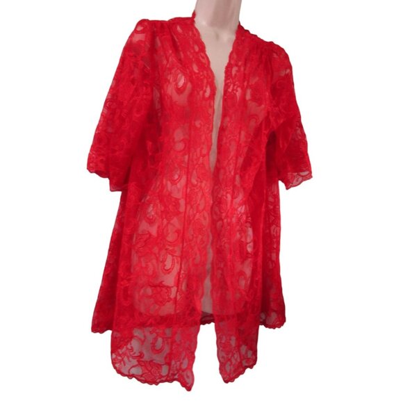 Shirley of Hollywood Red Lace Short Robe Ladies Small Vintage EUC USA Made - Picture 5 of 12